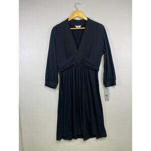 London Times Petite 14P Black Knee-Length V-Neck Dress Classic Professional